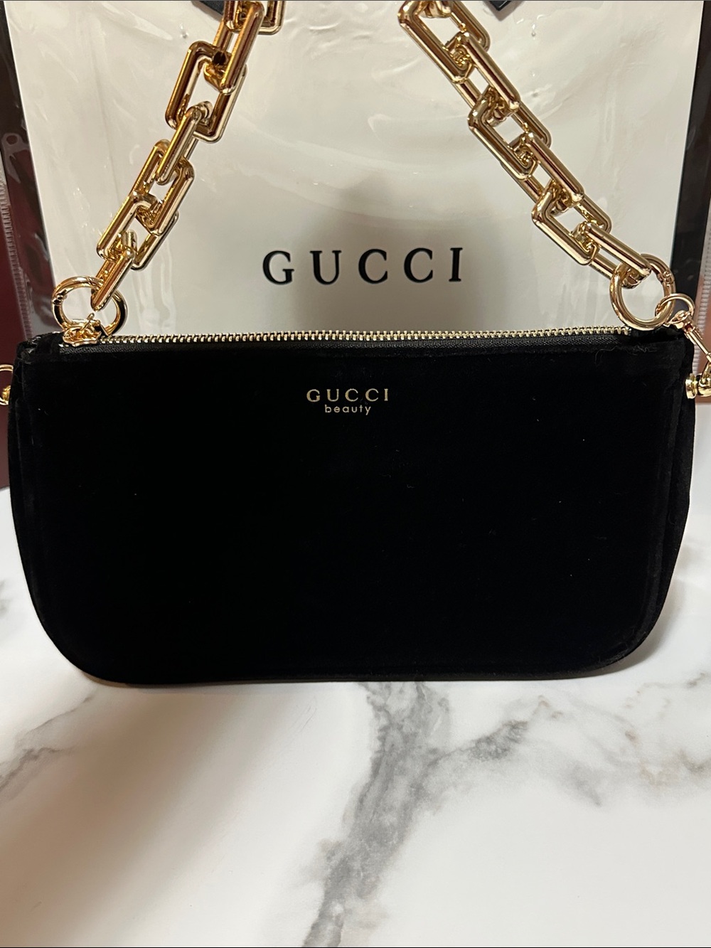 Gucci Black Velvet Cosmetic Pouch with Gold Accents, added Golden chain 🤩🖤 - Picture 8 of 12